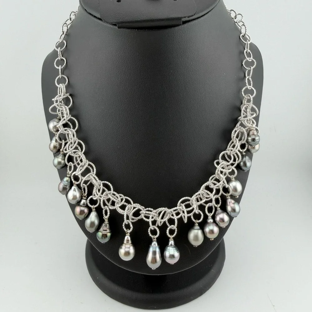 WW Grey Tahitian Pearl Sterling Silver 925 Dangle Fringe Bib Necklace